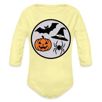 Halloween Circle: Pumpkin Bat Spider - Organic Long Sleeve Baby Bodysuit - washed yellow - Front