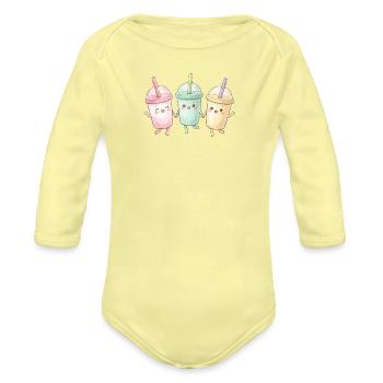 Cute Bubble Tea Friends - Organic Long Sleeve Baby Bodysuit - washed yellow - Front