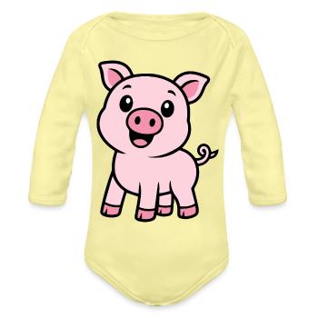 Smiling Pink Piglet - Organic Long Sleeve Baby Bodysuit - washed yellow - Front
