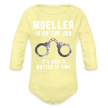 Mueller Is oN The Job - Organic Long Sleeve Baby Bodysuit - washed yellow - Front