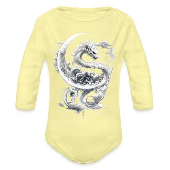 Celestial White Dragon and Crescent Moon Fantasy A - Organic Long Sleeve Baby Bodysuit - washed yellow - Front
