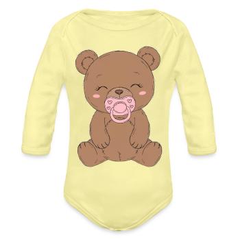 Cuddly Bear with Pink Pacifier - Organic Long Sleeve Baby Bodysuit - washed yellow - Front