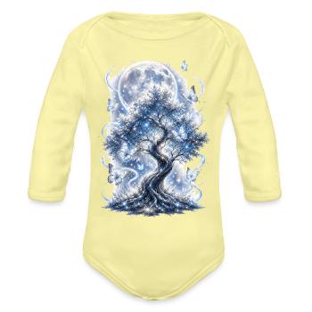 Mystic Moon Tree – Magical Nature Design - Organic Long Sleeve Baby Bodysuit - washed yellow - Front