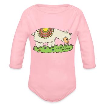 Alpaca Eats Grass On A Meadow - Organic Long Sleeve Baby Bodysuit - light pink - Front