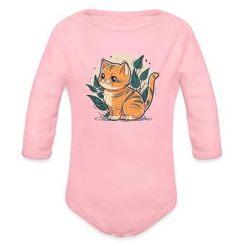 Cute Orange Stripped Kitten - Organic Long Sleeve Baby Bodysuit - light pink - Front