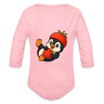 Cute penguin with fruity strawberry hat cartoon - Organic Long Sleeve Baby Bodysuit - light pink - Front