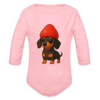 Funny dachshund with strawberries and hat fruity - Organic Long Sleeve Baby Bodysuit - light pink - Front