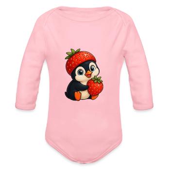 Cute penguin with strawberry fruity cartoon - Organic Long Sleeve Baby Bodysuit - light pink - Front