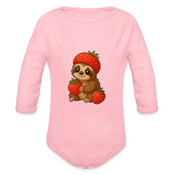Cute sloth strawberry cartoon fruity fun - Organic Long Sleeve Baby Bodysuit - light pink - Front