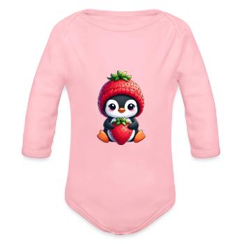 Cute cartoon penguin strawberry fruity fun - Organic Long Sleeve Baby Bodysuit - light pink - Front