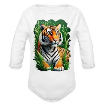 Tiger Sitting in Grass - Organic Long Sleeve Baby Bodysuit - white - Front
