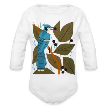 Blue Jay And Berries - Organic Long Sleeve Baby Bodysuit - white - Front