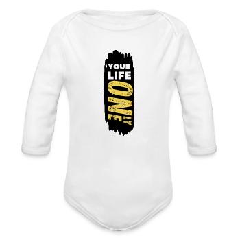 Your Life Now Distressed Yellow on Black - Organic Long Sleeve Baby Bodysuit - white - Front