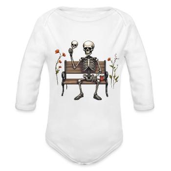 Playful Skeleton on Park Bench - Organic Long Sleeve Baby Bodysuit - white - Front