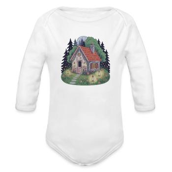Whimsical Cottage Under Moonlight - Organic Long Sleeve Baby Bodysuit - white - Front