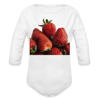Vivid Strawberry Cluster Print - Organic Long Sleeve Baby Bodysuit - white - Front