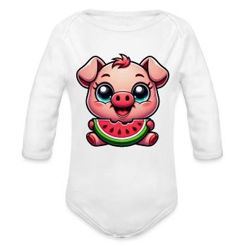 Cute pig watermelon fruity summer vacation - Organic Long Sleeve Baby Bodysuit - white - Front