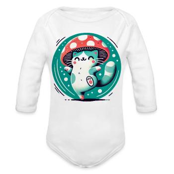 Whimsy Mushroom Hat Cat - Organic Long Sleeve Baby Bodysuit - white - Front