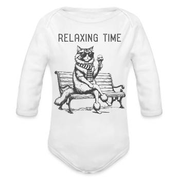 Relaxing Time Cat on Bench - Organic Long Sleeve Baby Bodysuit - white - Front