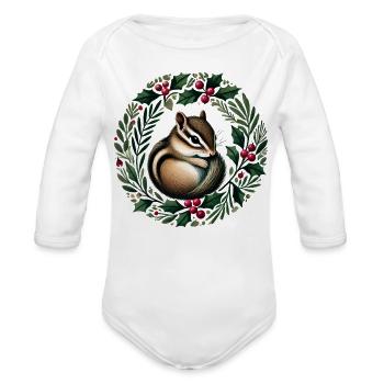 Chipmunk in Holly Wreath - Organic Long Sleeve Baby Bodysuit - white - Front