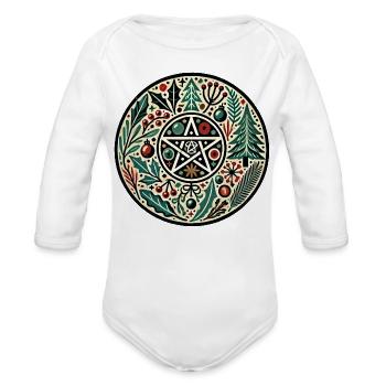 Winter Pentagram Circle with Botanicals - Organic Long Sleeve Baby Bodysuit - white - Front