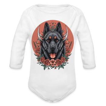 Floral Wolfdog Circle - Organic Long Sleeve Baby Bodysuit - white - Front