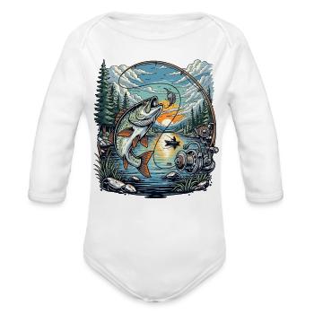 Bass Jump at Sunset Fishing Art - Organic Long Sleeve Baby Bodysuit - white - Front