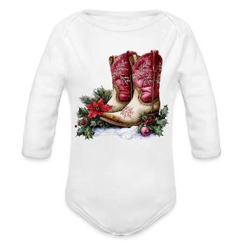 Christmas Cowboy Boots - Organic Long Sleeve Baby Bodysuit - white - Front