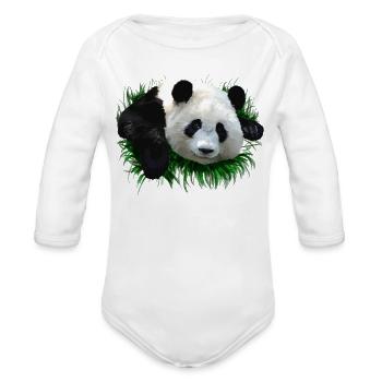 Panda on Plush Grass - Organic Long Sleeve Baby Bodysuit - white - Front