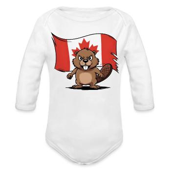 Maple Beaver Mascot - Organic Long Sleeve Baby Bodysuit - white - Front