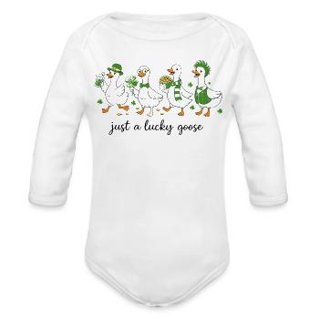 Lucky Ducks Parade in Shamrock Greens - Organic Long Sleeve Baby Bodysuit - white - Front