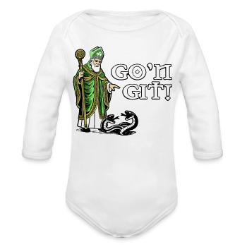 Go'n Gift Satire: Saint & Snake - Organic Long Sleeve Baby Bodysuit - white - Front