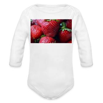 Crimson Strawberry Closeup - Organic Long Sleeve Baby Bodysuit - white - Front