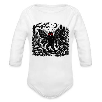 Mothman Forest Linocut Art - Organic Long Sleeve Baby Bodysuit - white - Front