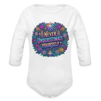 Never Underestimate Yourself Floral Mandala - Organic Long Sleeve Baby Bodysuit - white - Front