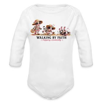 Walking by Faith Tripping Constantly Fancy Cow - Organic Long Sleeve Baby Bodysuit - white - Front
