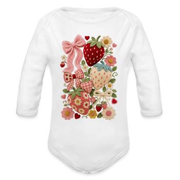 Embroidered Strawberry Garden - Organic Long Sleeve Baby Bodysuit - white - Front