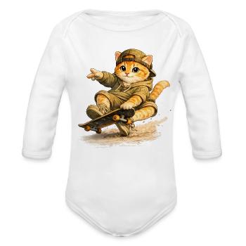 Skate Kitten on Board - Organic Long Sleeve Baby Bodysuit - white - Front