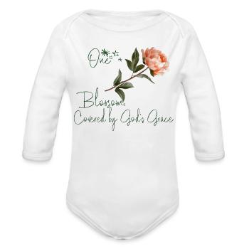 First Birthday. Bloom Gracefully - Organic Long Sleeve Baby Bodysuit - white - Front