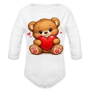 Bear Holding Heart Illustration - Organic Long Sleeve Baby Bodysuit - white - Front
