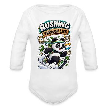 Rushing Through Life Panda – Funny Running Panda I - Organic Long Sleeve Baby Bodysuit - white - Front