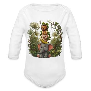 Cute Jungle Animals Elephant Monkey & Lion Safari - Organic Long Sleeve Baby Bodysuit - white - Front