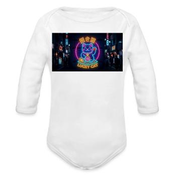 Neon Lucky Cat Night Glow Japanese Maneki Neko - Organic Long Sleeve Baby Bodysuit - white - Front