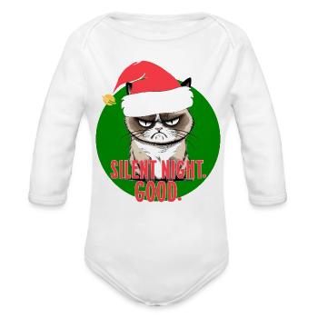 Grumpy Christmas Cat Santa Hat - Organic Long Sleeve Baby Bodysuit - white - Front
