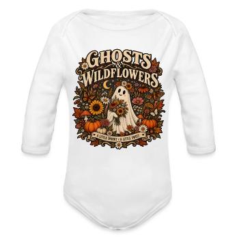 Ghosts & Wildflowers Shirt, Cute Halloween Ghost T - Organic Long Sleeve Baby Bodysuit - white - Front