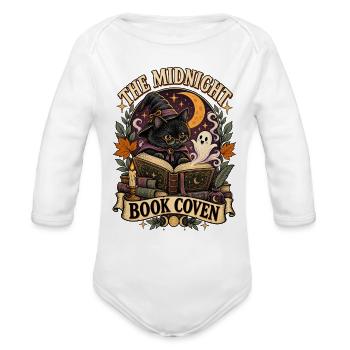 Midnight Book Coven – Witchy Black Cat Reader - Organic Long Sleeve Baby Bodysuit - white - Front