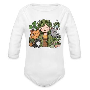 Garden Girl and Cat Companions - Organic Long Sleeve Baby Bodysuit - white - Front