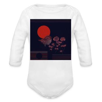 Crimson Sun Sparrow Amid Night Blooms - Organic Long Sleeve Baby Bodysuit - white - Front