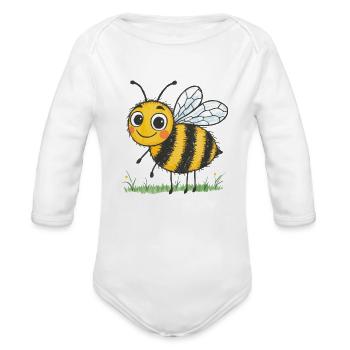 Honeybee Cheer on Grass - Organic Long Sleeve Baby Bodysuit - white - Front