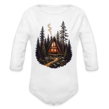 Vintage A Frame Cabin Woods Forest Nature Camping  - Organic Long Sleeve Baby Bodysuit - white - Front